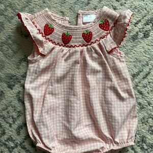 Pink Gingham Baby Romper with Strawberry Embroidery